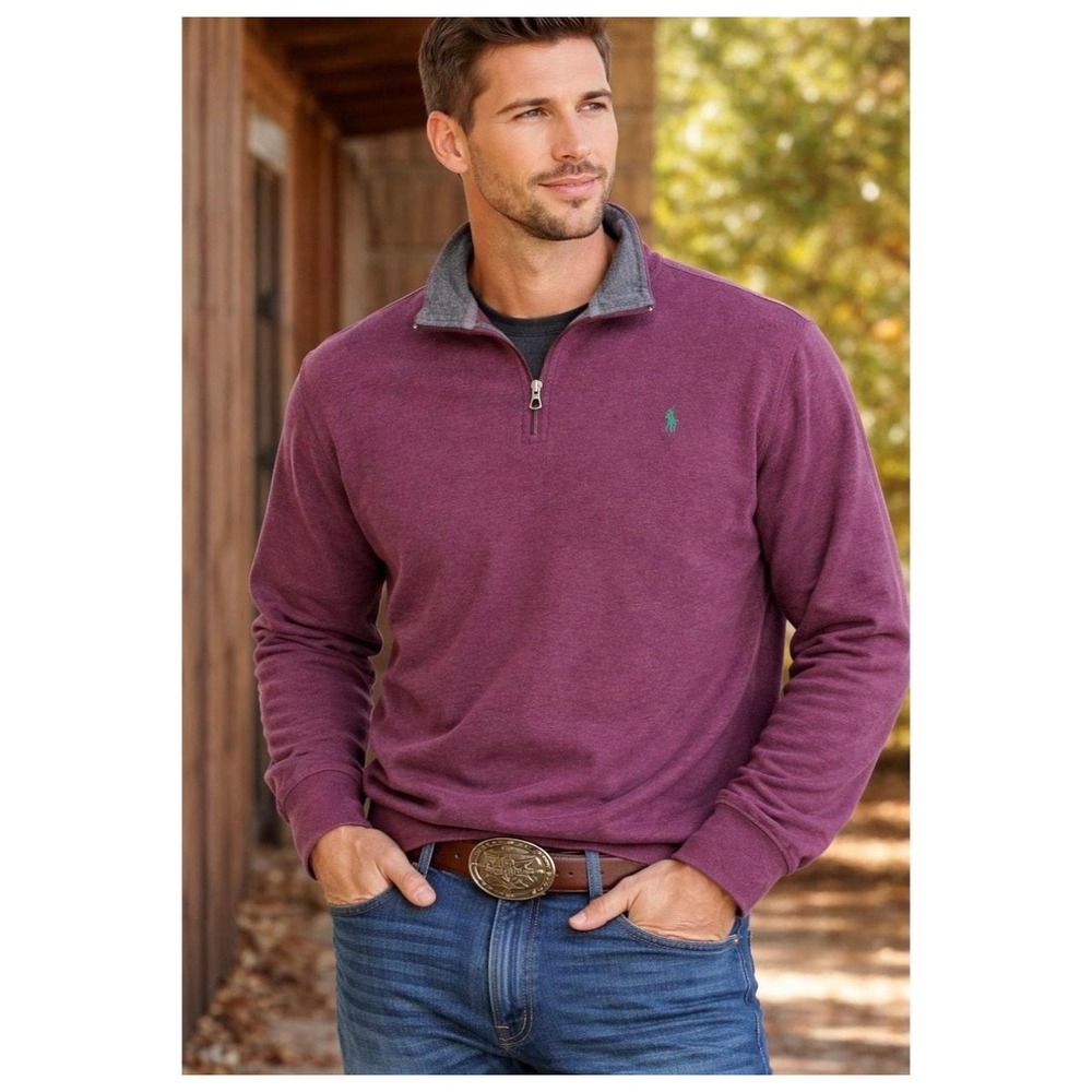 Polo Ralph Lauren Mens XL Burgundy Maroon Ribbed Quarter Zip Pullover Sweater